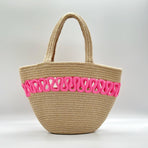 (Pink) beach bag. woven bag. pink, front view